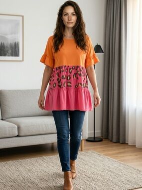 EUC Southern Stitch Orange Pink Leopard Print Tier Ruffle Blouse Top- Size XL